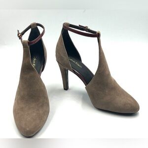 Calvin Klein Cherilyn T-strap pumps in a taupe suede and burgundy patent leather